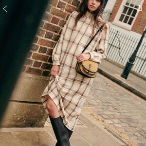 Sezane Valentina Dress Camel/ecru Check - Size 2